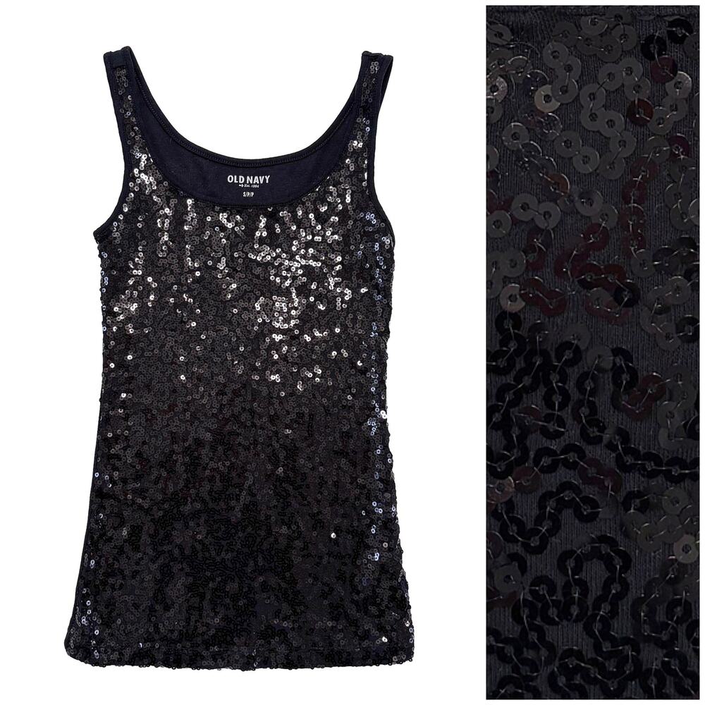 Old Navy Sequin Tank Top Womens S Black Party Glam Sparkle Concert Festival